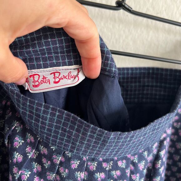 BETTY BARCLAY Vintage 70s Navy Blue Floral Grid A-Line Maxi Skirt Womens XS-S - Picture 3 of 6